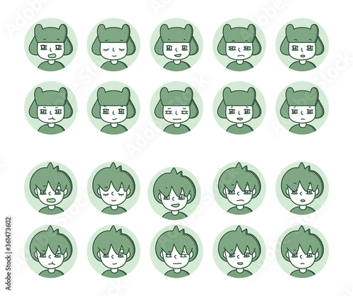 二人の人物アイコン（緑）　表情バリエーション 14