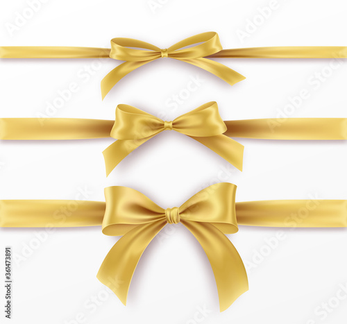 Set Golden Bow and Ribbon on white background. Realistic gold bow for decoration design Holiday frame, border. Vector illustration