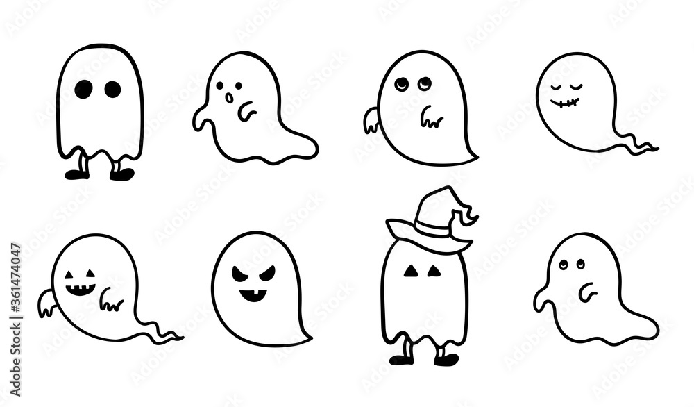 手書きのおばけのイラストのセット/ハロウィン/幽霊/かわいい 手書きのおばけのイラストのセット/ハロウィン/幽霊/かわいい