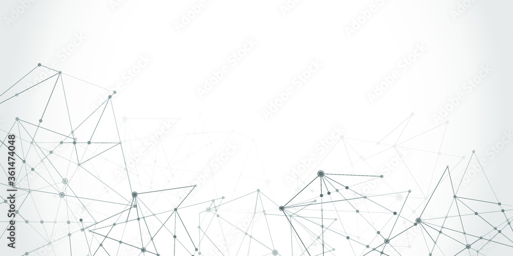 Abstract technology Network nodes with polygonal shapes on dark blue Vector background. Connection science and futuristic technology, digital structure, connected points, web.