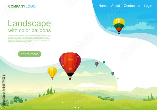 Green natural landscape with color balloons landing page
