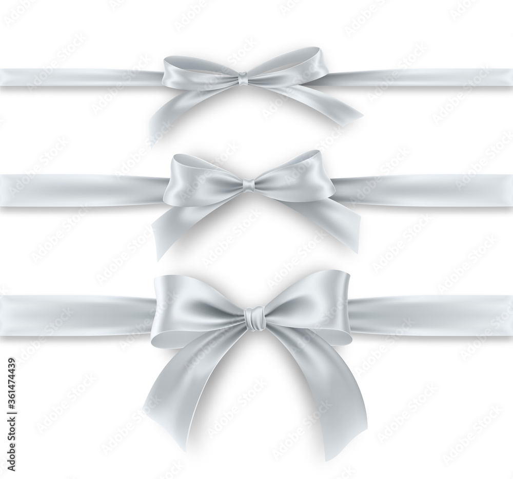 Naklejka premium Set silver Bow and Ribbon on white background. Realistic silver bow for decoration design Holiday frame, border. Vector illustration