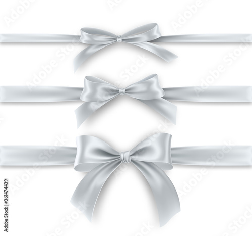 Set silver Bow and Ribbon on white background. Realistic silver bow for decoration design Holiday frame, border. Vector illustration
