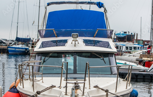 The solar panel is mounted on the boat.