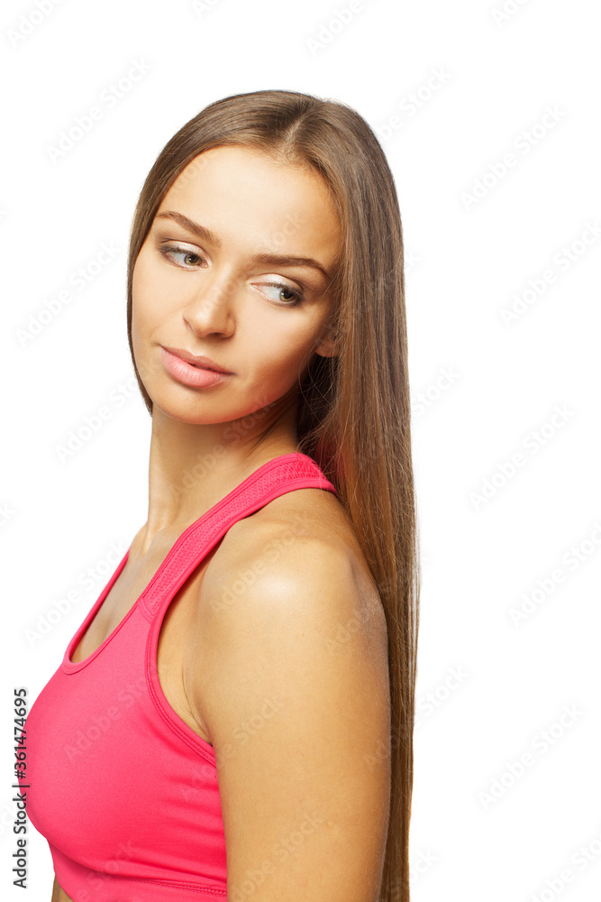 portrait of caucasian adult girl with long hair isolated on white background portrait of caucasian adult girl with long hair isolated on white background