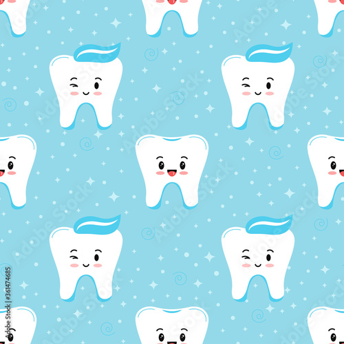 Cute tooth emoji boy seamless pattern. Tooth with smile, paste on head and sparkles vector kids print on blue background. Flat design cartoon kawaii style smiling emoji character endless texture.