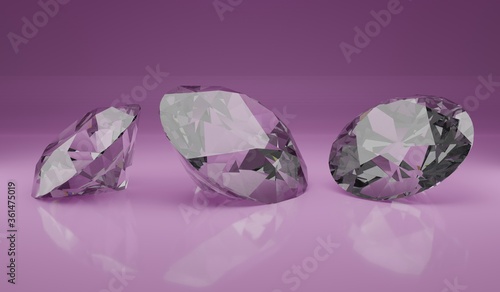 set of pink diamonds on pink or purple background - cgi render illustration 3D
