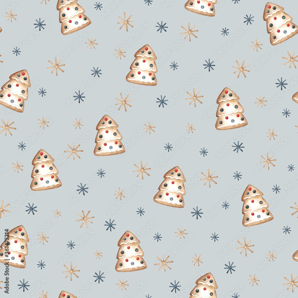 herringbone-shaped gingerbread seamless pattern. watercolor illustration with gingerbread cookie and snowflakes. Background for holiday wrapping paper, use in design. herringbone-shaped gingerbread seamless pattern. watercolor illustration with gingerbread cookie and snowflakes. Background for holiday wrapping paper, use in design.