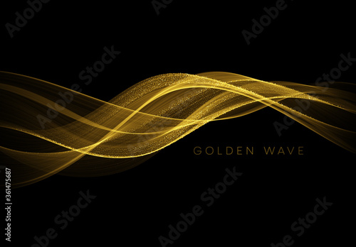 Abstract shiny color gold wave design element with glitter effect on dark background. Vector illustration