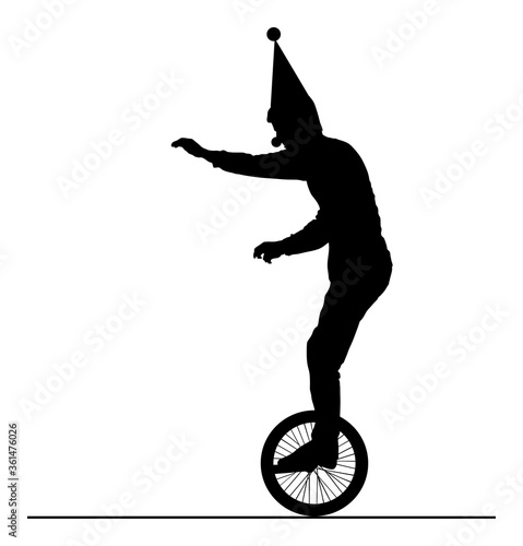 Circus Artist performer vector silhouette on white background. Clown mono cyclic, riding mono cycle on a wire above audience. Entertainment for kids. Happy birthday Children animator. Acrobat on stage