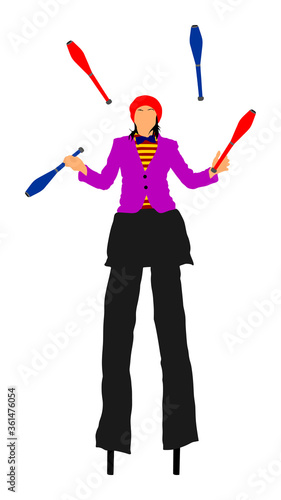 Circus clown on stilts. Woman juggler artist juggling with pins vector illustration isolated on white background. Street actor. Performer acrobat. Birthday party animator for children entertainment.