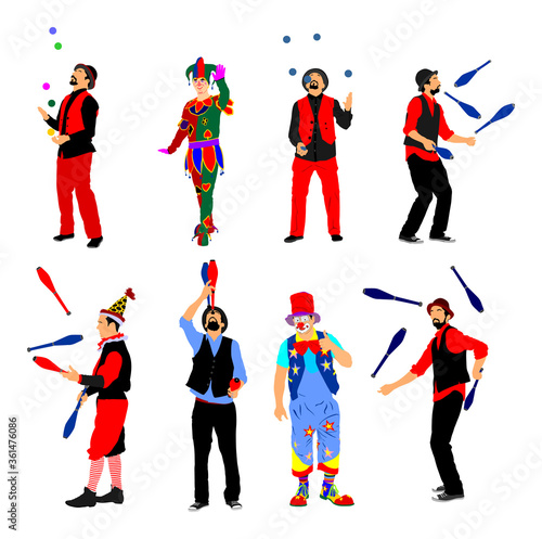 Clown in circus vector isolated on white background. Street actor illustration. Juggler artist vector, Juggling with balls and pins. Performer Artist acrobat. Birthday animator entertainment for kids.