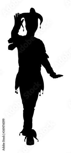 Joker playing card vector silhouette isolated on white background. Portrait of jester. Birthday party animator in funny costume. Entertainment Clown say hello to public. Fool amusement kids. Mascot.
