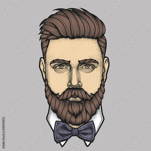 Hand drawn portrait of bearded man full face. Vector illustration.