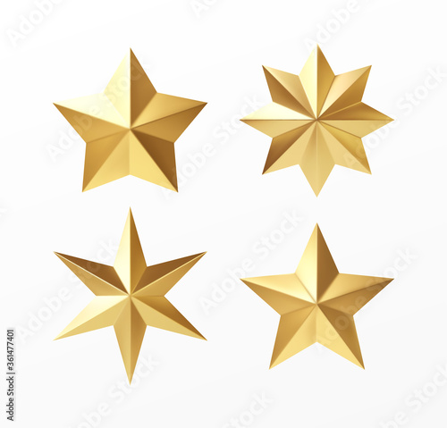 Set of golden realistic stars with different rays isolated on a white background. Vector illustration