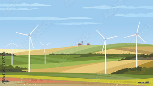 Summer field landscape. Vector background with green hills, blue sky and wind turbines. Farm scene.