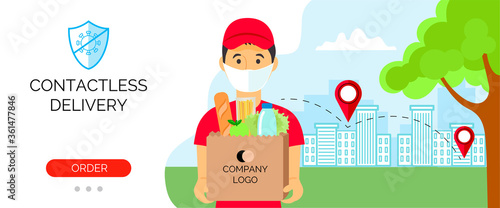 Safe delivery service. Banner food online order. A masked courier holds a bag of food against the background of the city. Vector illustration for your business.