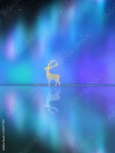 Photos Under auroral sky, silhouette of deer reflected on water
