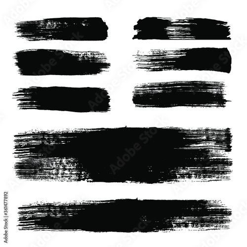 black brush strokes set backgrounds. Artistic lines grunge collection. Set of black grungy hand painted brush strokes isolated on white. Abstract ink texture, design elements.