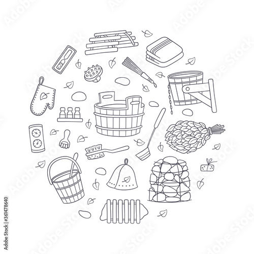 Set of hand drawn bathhouse and sauna accessories. Tub and birch broom, pot holder and hat, thermometer, massager and other. Vector illustration in doodle style on white background.