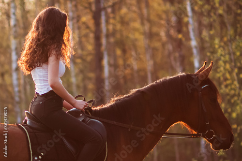 Beautiful woman sitting on horse on sunset background