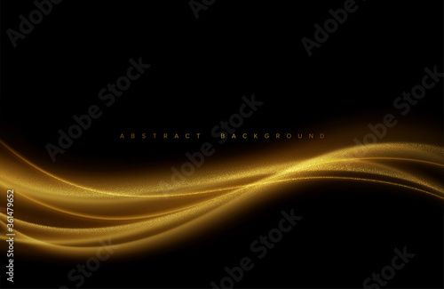 Abstract shiny color gold wave design element with glitter effect on dark background. Vector illustration