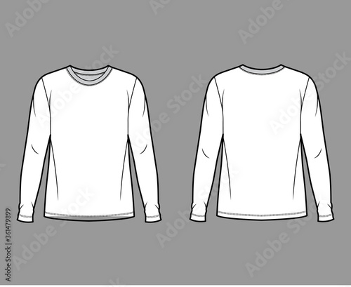 Cotton jersey top technical fashion illustration with crew neck, tunic length oversized body long sleeves flat. Apparel template front back white color. Women, men unisex garment mockup for designer