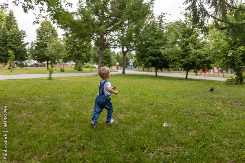 A little boy of two years in a blue jumpsuit and a white T-shirt walks in the park and is surprised by everything that is happening around him. High quality photo A little boy of two years in a blue jumpsuit and a white T-shirt walks in the park and is surprised by everything that is happening around him. High quality photo