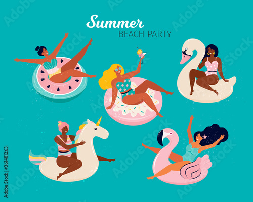 Happy women at a summer beach party. People swim in the pool or in the sea on the inflatable floats, flamingos, Swan, donut, unicorn and a watermelon. Pool Party doodle set. Hand drawn illustration.