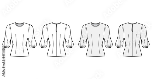 Obraz na plátně Blouse technical fashion illustration set with round neckline, puffy mutton sleeves, fitted body