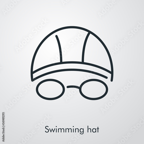 Concepto deportes de verano. Icono plano lineal sombrero de natación con gafas protectoras en fondo gris