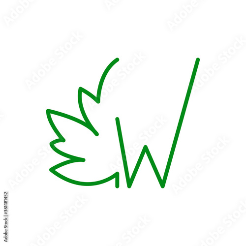 Concepto hoja de árbol. Logotipo lineal letra W con mitad hoja de arce en color verde