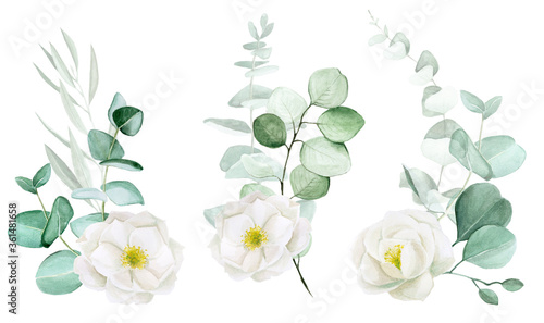 watercolor drawing  a set of bouquets of white rosehip flowers and eucalyptus leaves. clip art design for wedding  flowers and eucalyptus leaves vintage style