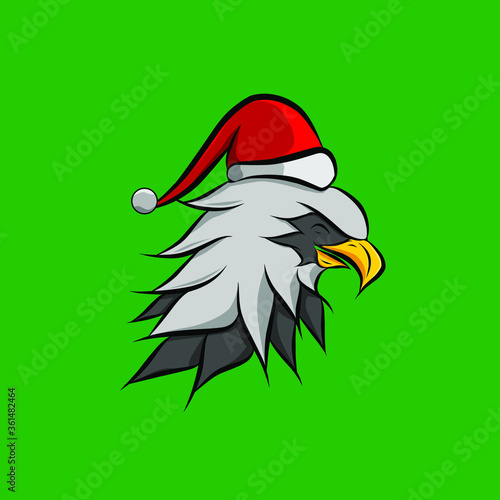 the eagle falcon hawk cartoon christmas with santa claus cap logo design on red background