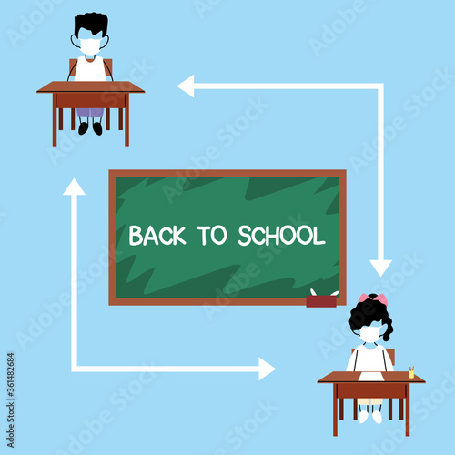 school kids keeping distance, students wearing a face mask sitting on chair in the classroom, social distancing