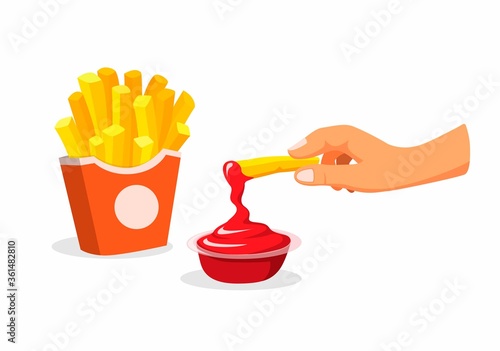 Hand dip french fries to tomato sauce. snack potato fast food menu symbol in cartoon illustration vector