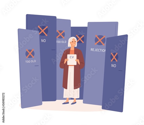 Elderly woman with rejected cv by employer vector flat illustration. Aged female surrounded by closed doors isolated on white background. Difficulties to find job by mature people
