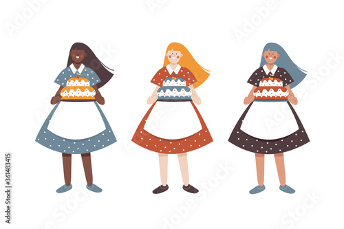 Vector set of three confectioner girls in beautiful dresses with cake