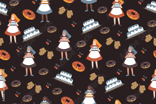 confectioner girl with cake in hands on a brown background with food elements. vector seamless pattern