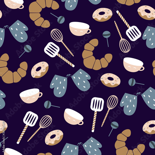 Croissants and donuts on a blue background with cooking elements. Vector seamless pattern