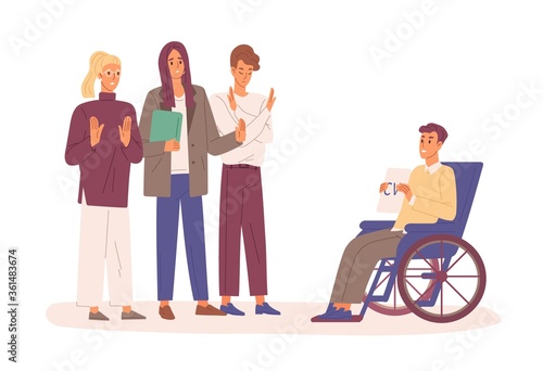 Disabled man with cv in wheelchair trying to find job vector flat illustration. Employers rejected resume of handicapped male isolated on white. Discrimination against people with disabilities