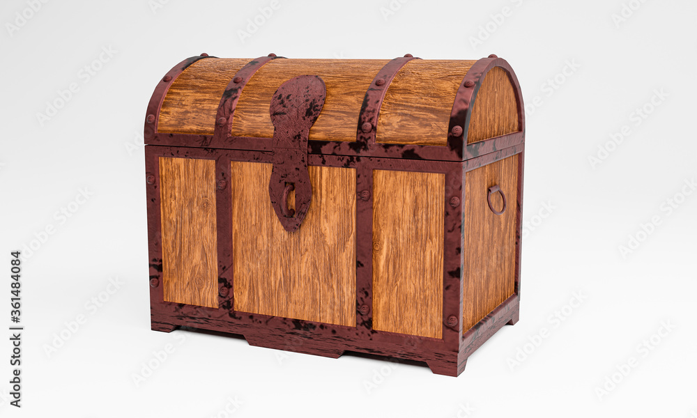 The old wooden treasure chest has a rusted metal frame. Brown wooden box with metal frame And rusty iron pins Place on a white background. 3D Rendering The old wooden treasure chest has a rusted metal frame. Brown wooden box with metal frame And rusty iron pins Place on a white background. 3D Rendering