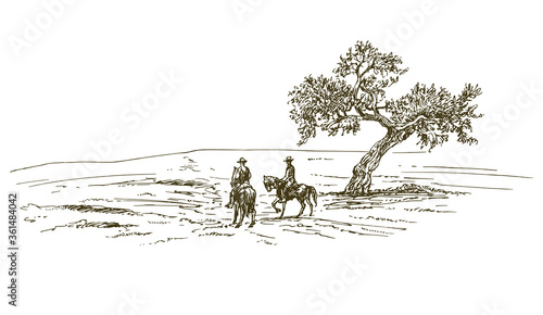 Cowboys riding a horse near a tree. Hand drawn illustration.