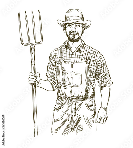 Farmer with fork. Hand drawn illustration.