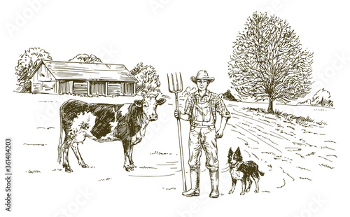 Farmer working at farm. Hand drawn illustration.