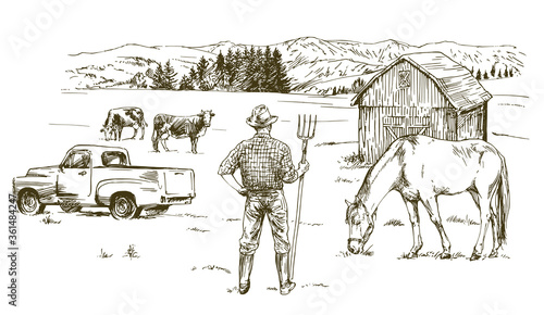 Farmer working at farm. Hand drawn illustration