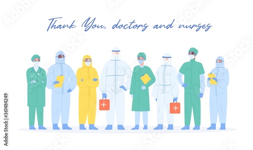 Team of professional medical staff in safety costumes standing together vector illustration. Group of diverse physicians with inscription Thank you, doctors and nurses on white background