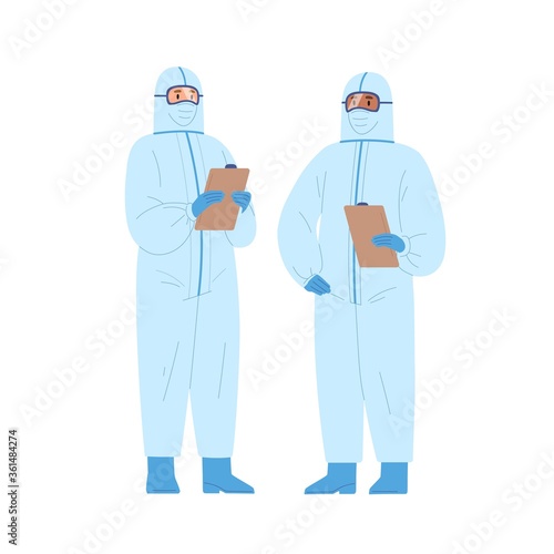 Two diverse male doctors in protective suits holding clipboard vector illustration. Medical staff wearing uniform standing together isolated on white. Emergency aid workers in safety clothes