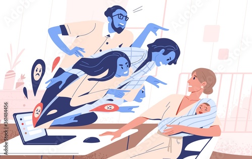 Abstract people blames young mother hold toddler vector flat illustration. Scared female with baby receive criticism from internet use laptop. Social pressure or bullying on woman and mom