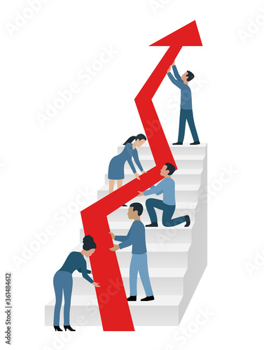 Working team (people group) holding arrow up and rising it (take it up the stairs) - vector concept for illustration of profit, growth, success